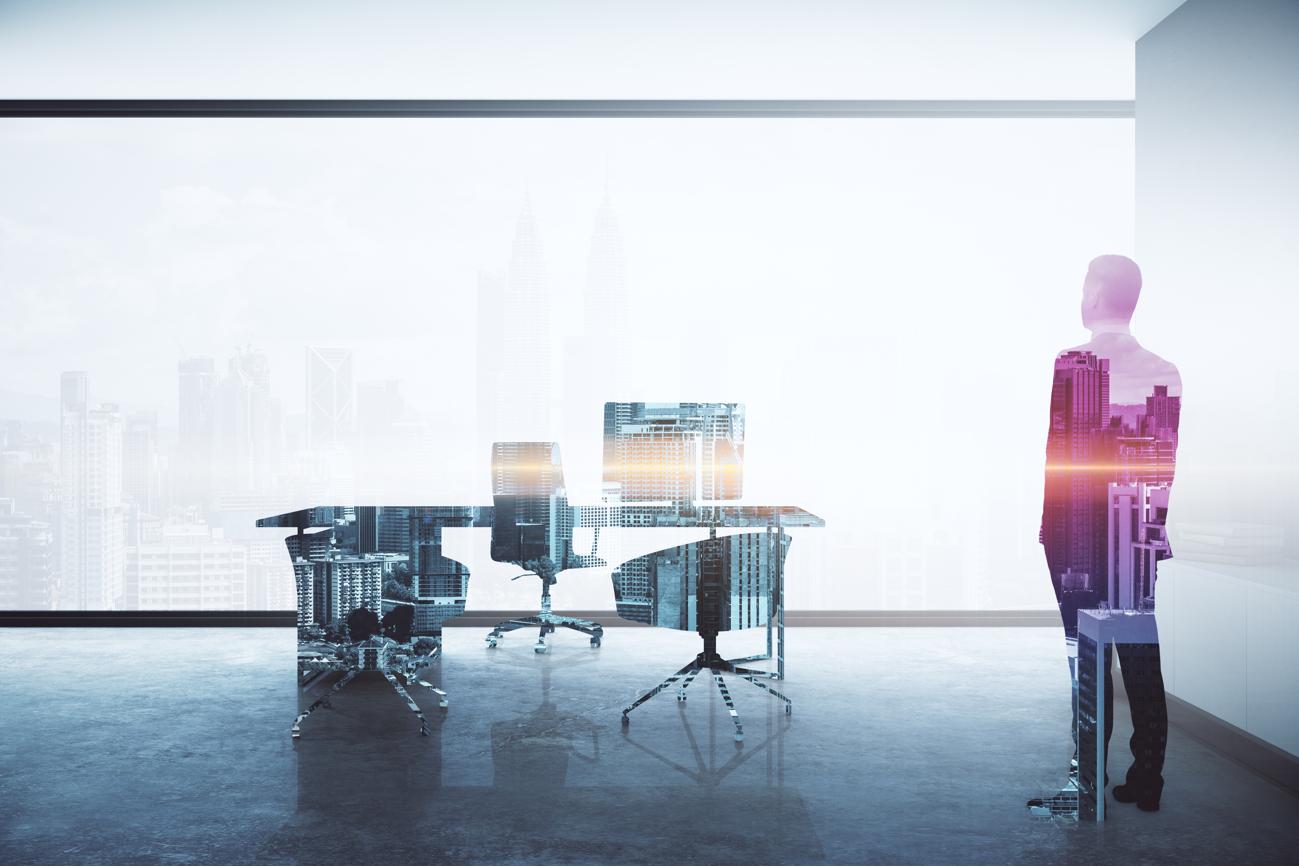Businessman standing in blurry office interior with city view background and copy space. Success and career concept. Double exposure